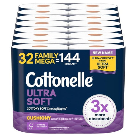 32-Pack Cottonelle Toilet Paper Family Mega Rolls (Ultra Comfort Or Ultra Clean)