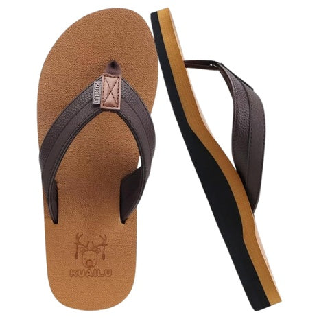 Men's Yoga Mat Leather Flip Flops With Arch Support (Khaki, 11)