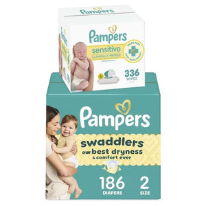 Size 2 Pampers Swaddlers, 186 Diapers + 336 Wipes