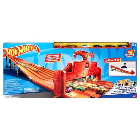 Hot Wheels Super 6-Lane Raceway Playset (Lights & Sounds, 6 Cars)