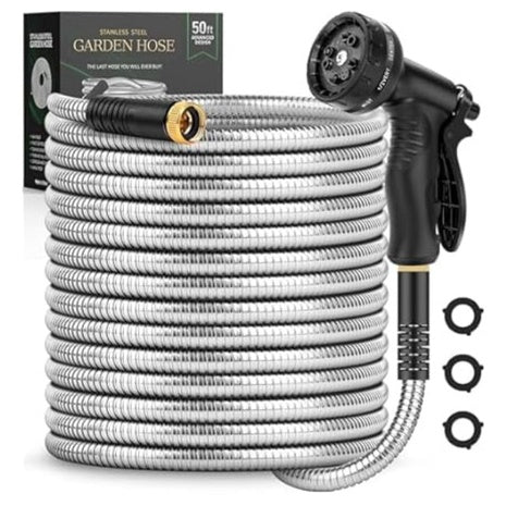 50ft Stainless Steel Garden Hose With 10-Function Nozzle
