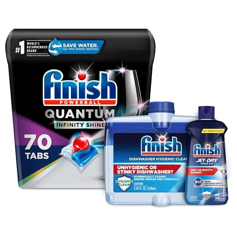 Finish Dishwasher Bundle: 70 Quantum Infinity Shine Pods Jet-Dry Rinse Aid & 4 Cleaners