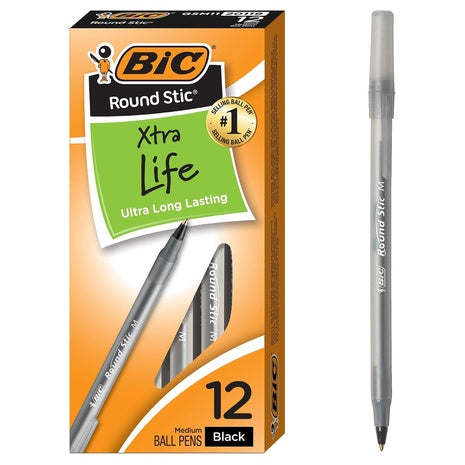 12-Count BIC Round Stic Xtra Life Ballpoint Pen (Medium Point)