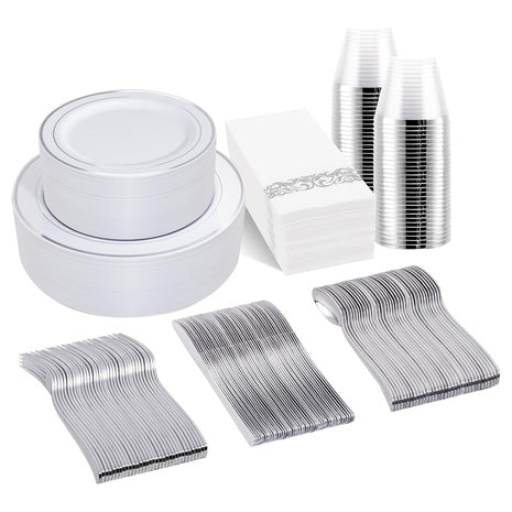 350 Piece Silver Plastic Dinnerware Set