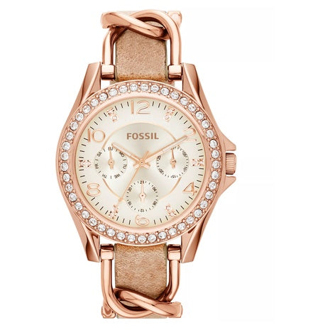Fossil Women's Riley Rose Gold-Tone Chain and Bone Leather Strap Watch