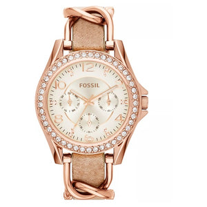 Fossil Women's Riley Rose Gold-Tone Chain and Bone Leather Strap Watch