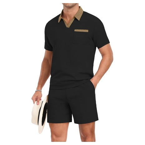 2-Piece PrinStory Men's Waffle Knit Polo Shirt & Shorts Set (Various)