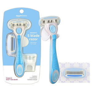 Amazon Basics Women's 5-Blade Razor Handle w/ 2 Cartridges & Shower Hanger