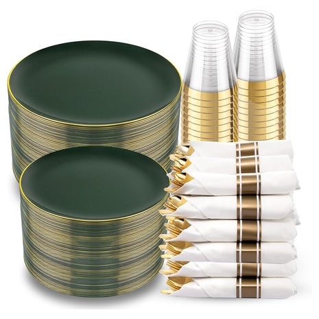 350 Piece Green & Gold Disposable Dinnerware Set