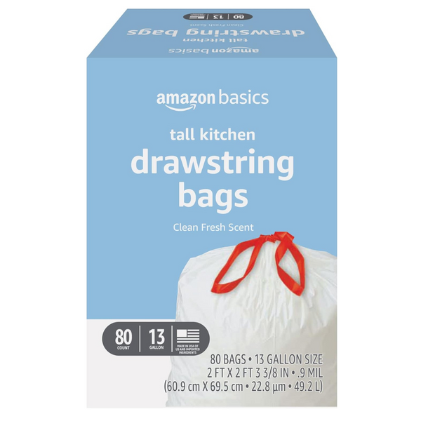 80 Amazon Basics 13 Gallon Tall Kitchen Drawstring Trash Bags