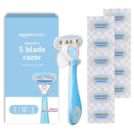 Amazon Basics Women's 5-Blade Razor Handle w/ 12 Cartridges and Shower Hanger