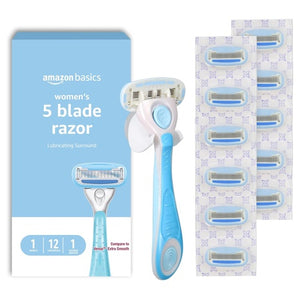 Amazon Basics Women's 5-Blade Razor Handle w/ 12 Cartridges and Shower Hanger