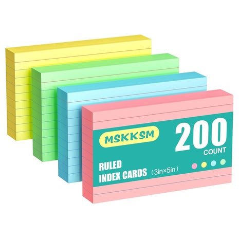 200 Colored Ruled Index Cards