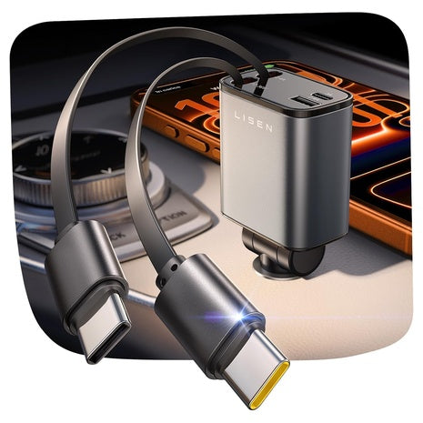 Lisen 75W Fast 4-in-1 Car Charger with Dual Retractable USB-C Cables