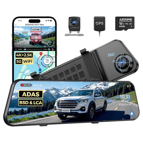 12" AZDOME PG17 Max 4K+2.5K Mirror Dash Cam With ADAS, BSD And LCA