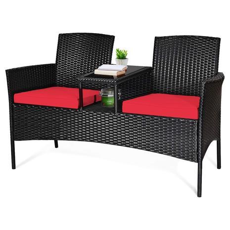 Outdoor Wicker Patio Conversation Furniture Set w/ Tempered Glass Top & Removable Cushions