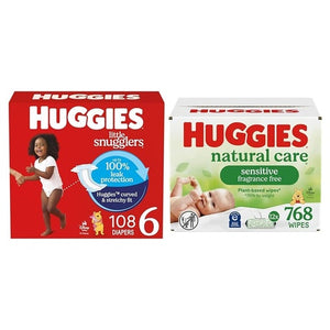 Size 6 Huggies Little Snugglers, 108 Diapers + 768 Wipes