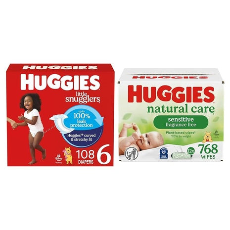 Size 6 Huggies Little Snugglers, 108 Diapers + 768 Wipes