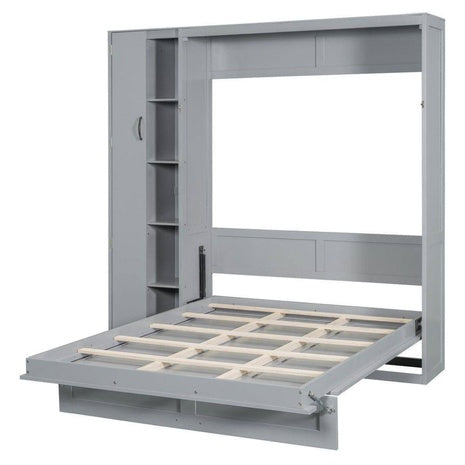 Nestfair Gray Wood Full Murphy Bed With Storage Wardrobe And LED Lighting