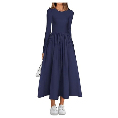 Women's Long Sleeve A-Line Midi Dress (16 Colors)