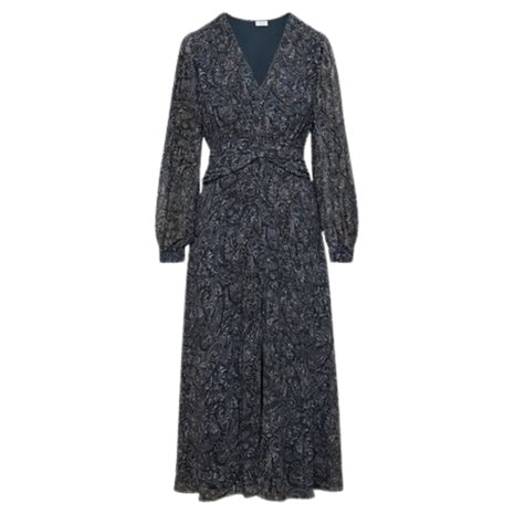Women's Long Sleeve V-Neck Chiffon Paisley Maxi Dress