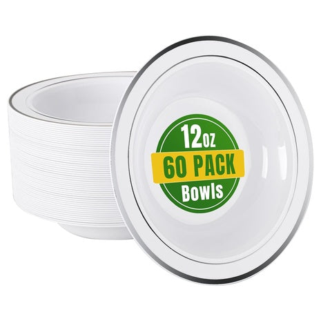 60 Plastic Bowls with Silver Rim