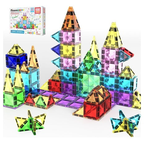 PicassoTiles 100 Pieces Magnetic Tiles Building Blocks Mini Size