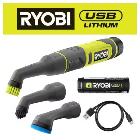 RYOBI USB Lithium Cordless Compact Detail Scrubber Kit W/ 2Ah Battery & 3-Heads
