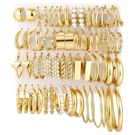 30-Pair Women's Gold Hoop Earrings Set
