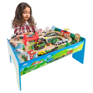 Wooden Train Set Table with Tracks, Cars & Accessories