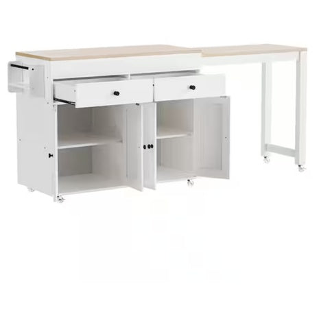 Qualler Off White Wood 74.5" Kitchen Island With Extendable Dining Table