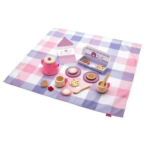 18-Piece Fisher-Price Wood Pretend Play Toy Picnic Tea Set with Blanket