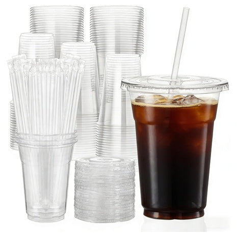 100 16oz Clear Plastic Cups with Lids & Straws