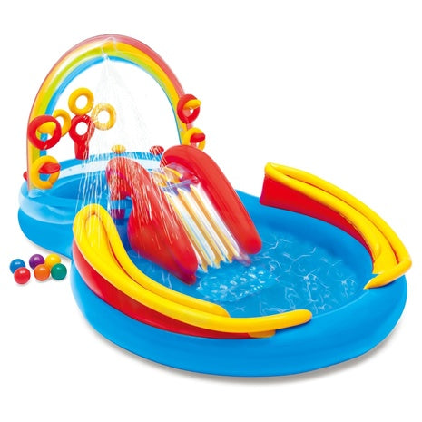 Intex Rainbow Slide Kids Inflatable Pool with Water Slide & Ring Toss