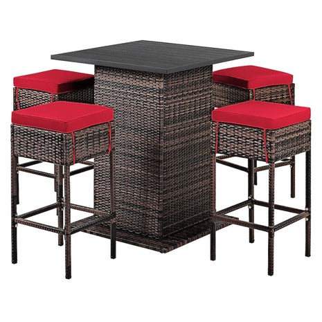 5 -Piece Brown Rattan Bar Height Patio Dining Set