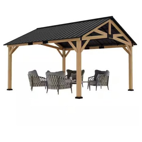 13Ft X 15Ft Wood Hardtop Outdoor Patio Gazebo With Roof