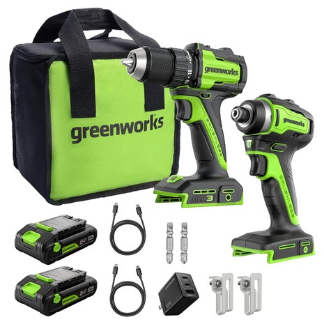 Greenworks 24V Brushless Drill (400 In-lbs) & Impact Driver (1950 In-lbs) Combo Kit