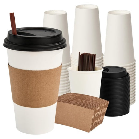 100 16oz Disposable Coffee Cups with Lids, Sleeves & Stirrers