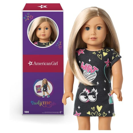 American Girl 18″ Doll with Blonde Hair & Blue Eyes in Printed T-Shirt Dress
