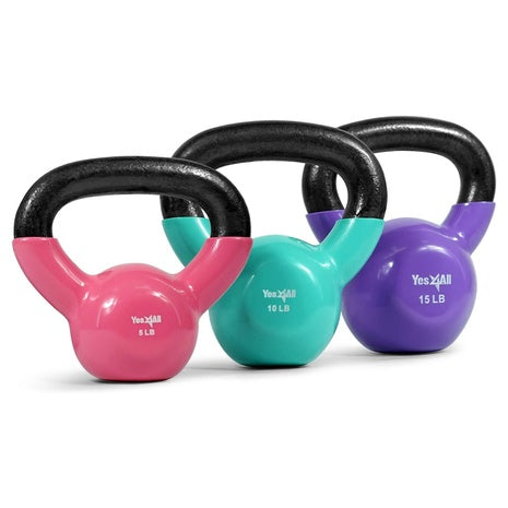 Yes4All Vinyl Coated Kettlebell Cast Iron Set (5, 10, 15 Lbs)