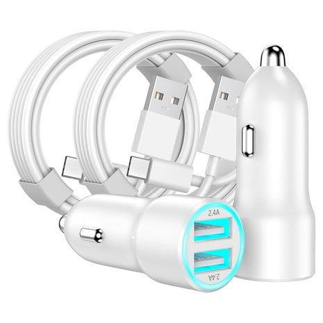 2-Pack Dual Port Fast USB Car Charger w/ Cables