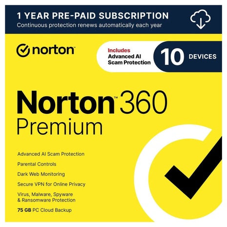 1-Year Norton 360 Premium 2024 (10-Devices) [Download]
