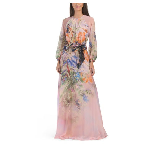 Teri Jon Chiffon Floral Long Sleeve Gown