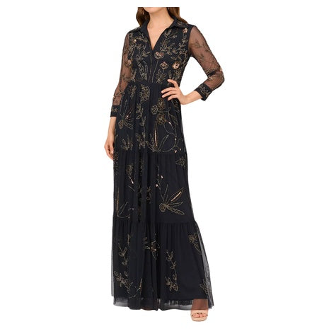 Adrianna Papell Women's Beaded Long Sleeve Maxi Dress