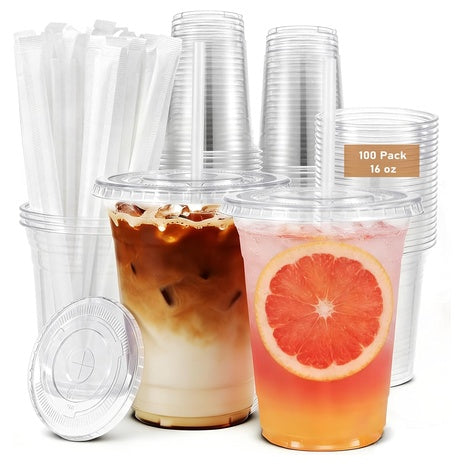 100 16oz Plastic Cups With Lids & Straws