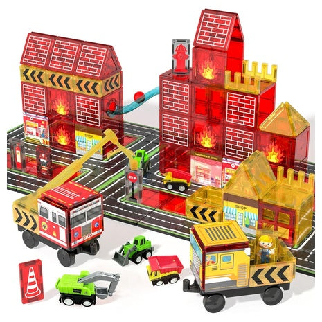 56-Piece Fire Station Magnetic Tile Set with Fire Truck & More