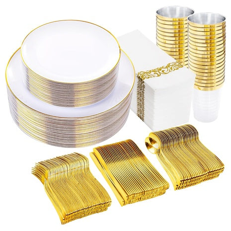 350-Piece White & Gold Disposable Dinnerware Set