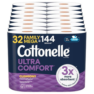 32 Family Mega (=144 Reg) Rolls of Cottonelle Ultra Comfort Toilet Paper
