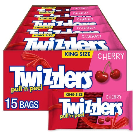 15 King Size Bags of Twizzlers Pull 'N' Peel, Cherry Flavored