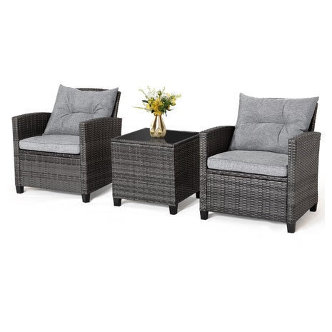 Gymax 3-Piece Patio Rattan Sofa Set W/ Glass Tabletop